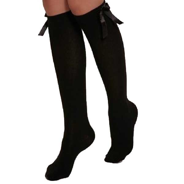 Girls Knee length Black Socks with Ribbon